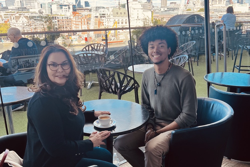 Amare and his mother in London during his semester abroad.